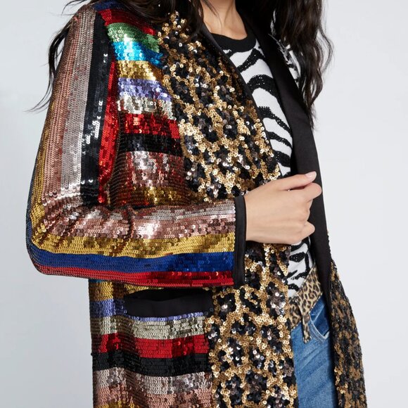 $995 Small ALICE + OLIVIA - Kylie Sequin Shawl Collar Jacket Black/Multi - Picture 5 of 5